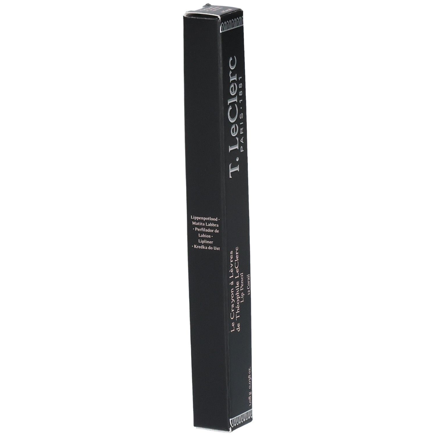 Schwarze Verpackung mit Produktnamen und -details. T. LeClerc Lip Pencil. Mehrere Sprachen. 0,98g.
