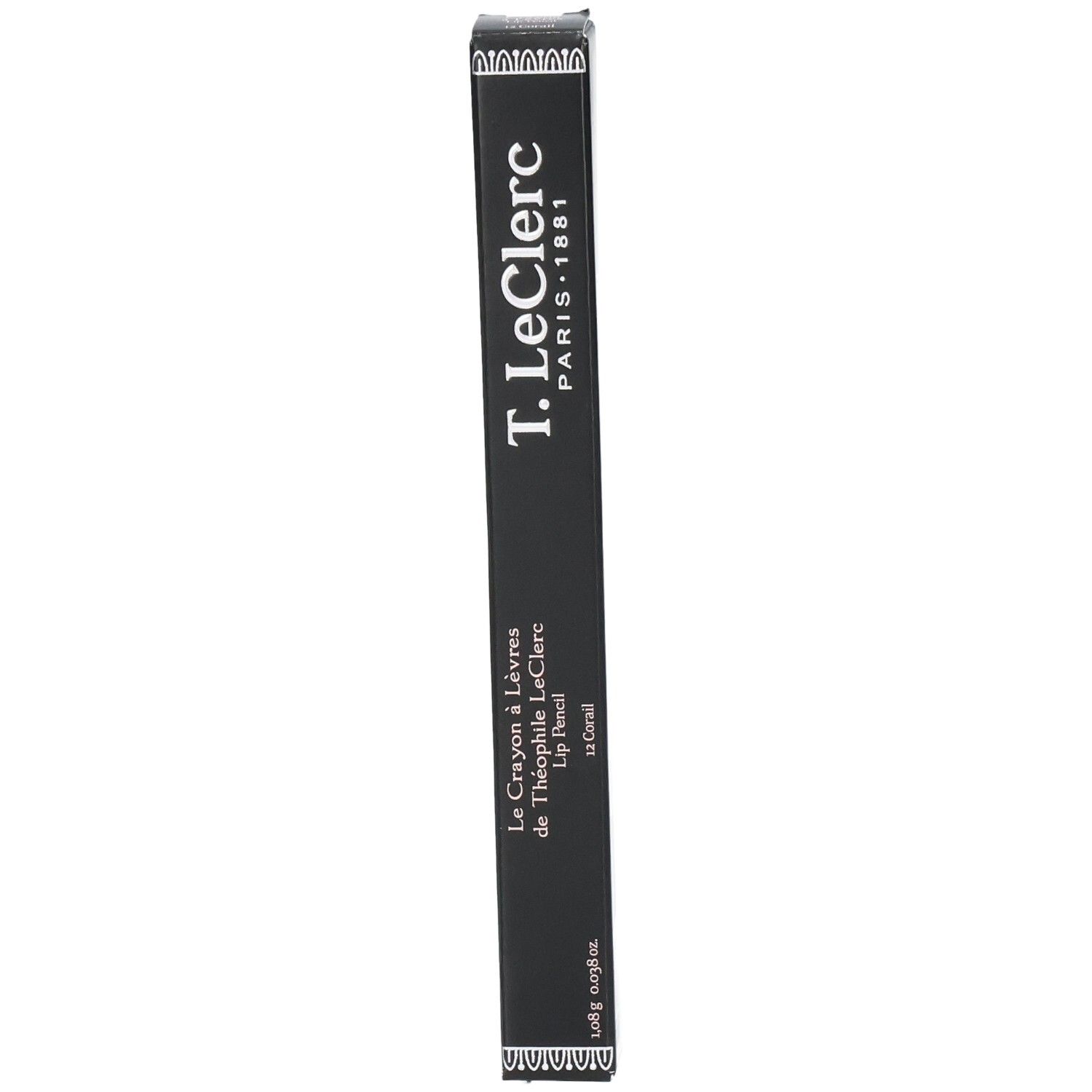 Schwarze Verpackung mit Produktnamen und -details. T. LeClerc Paris 1881. Lip Pencil, Coral. 0,98g.