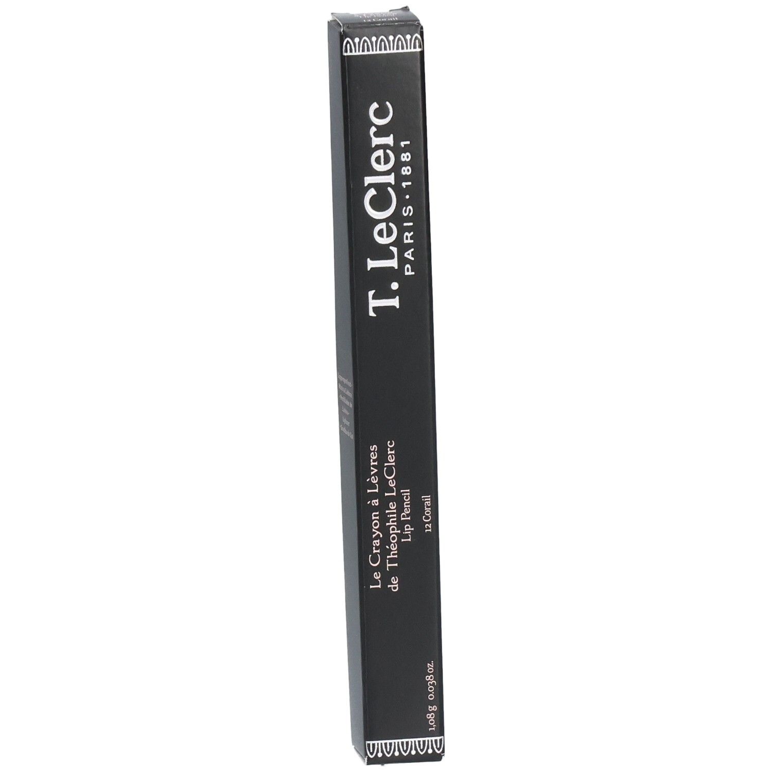 Schwarze Verpackung mit Produktnamen und -details. T. LeClerc Paris 1881. Lip Pencil, Coral. 0,98g.