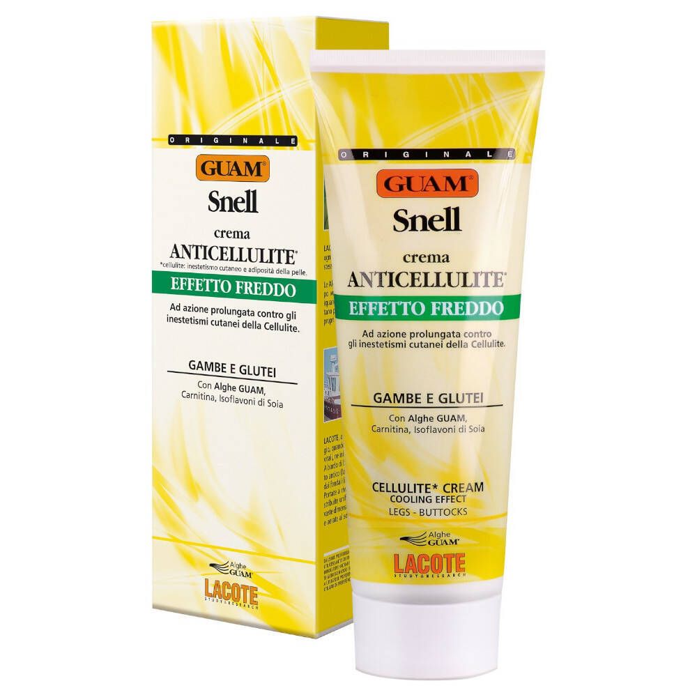 Crèmetube en verpakking. Opschrift: Guam Snell Anticellulite, Effetto Freddo. Voor benen en billen. Geel en wit.