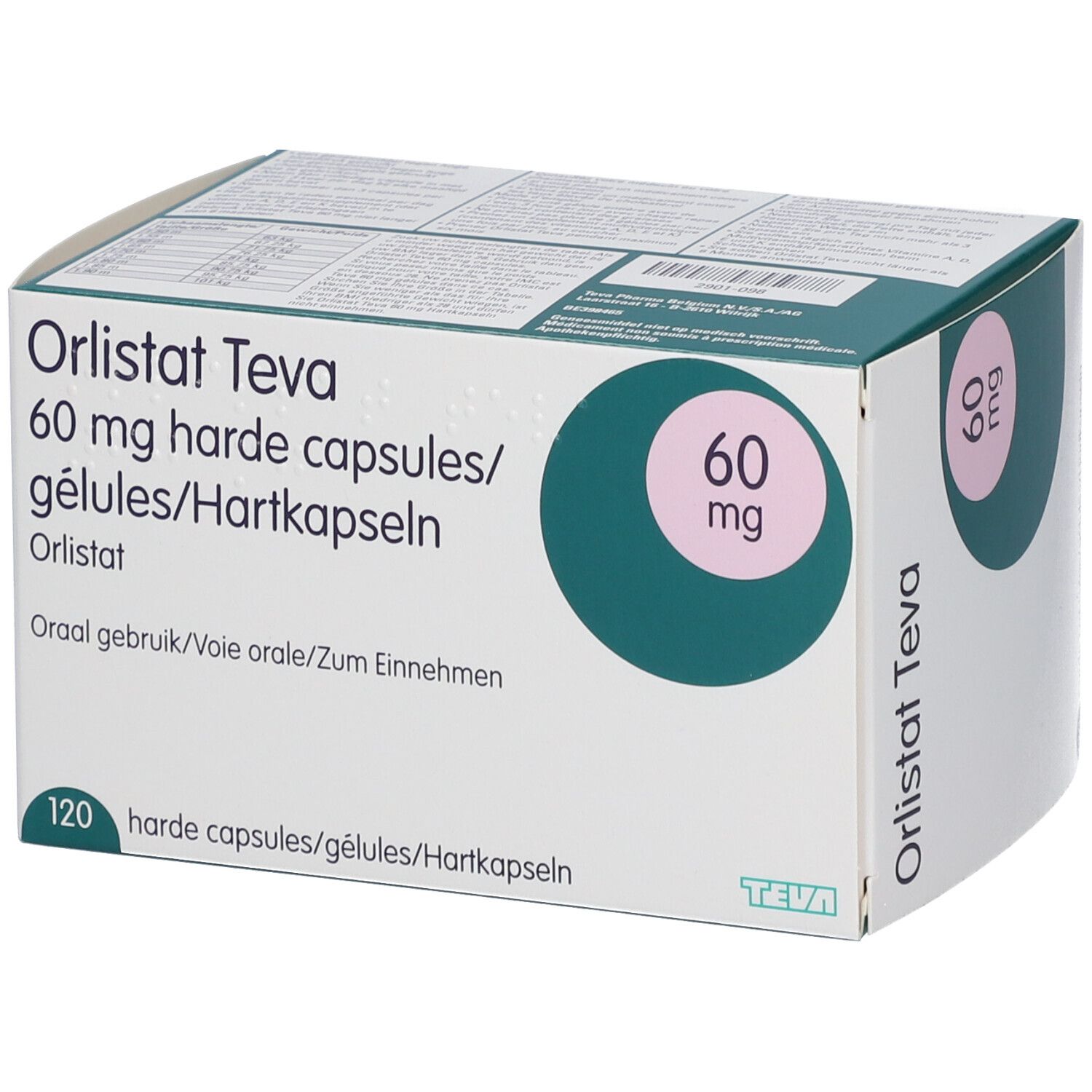 Boîte de gélules d'Orlistat Teva 60 mg. Inscription : 120 gélules. Emballage vert et blanc.