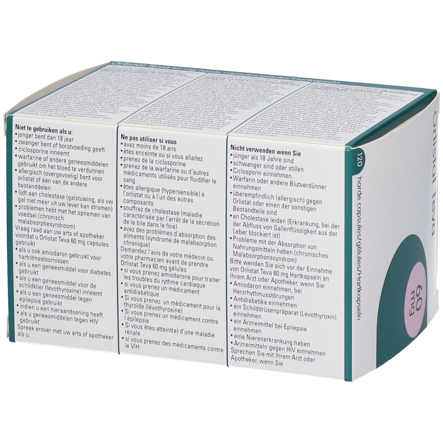 Dos de l'emballage des gélules Orlistat Teva 60 mg. Texte multilingue. 120 gélules.
