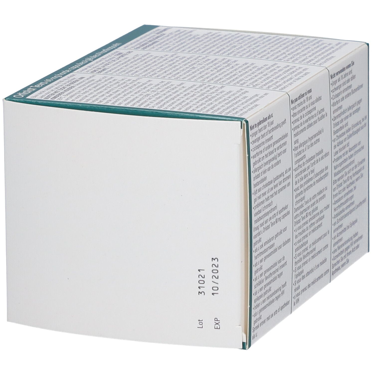 Vue latérale de l'emballage des gélules Orlistat Teva 60 mg. Texte multilingue. Expiration 10/2023.