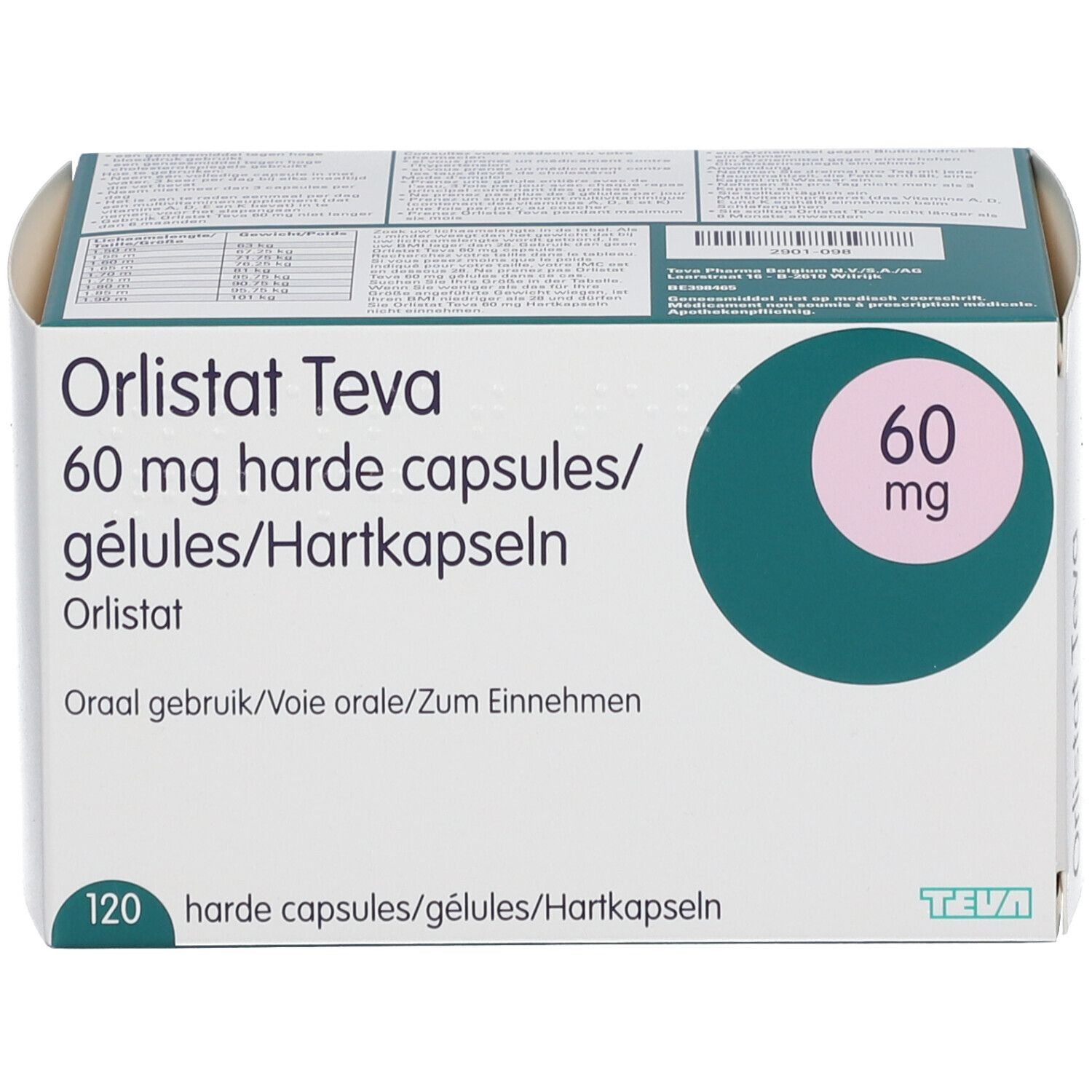 Boîte de gélules d'Orlistat Teva 60 mg. Inscription : 120 gélules. Emballage vert et blanc.