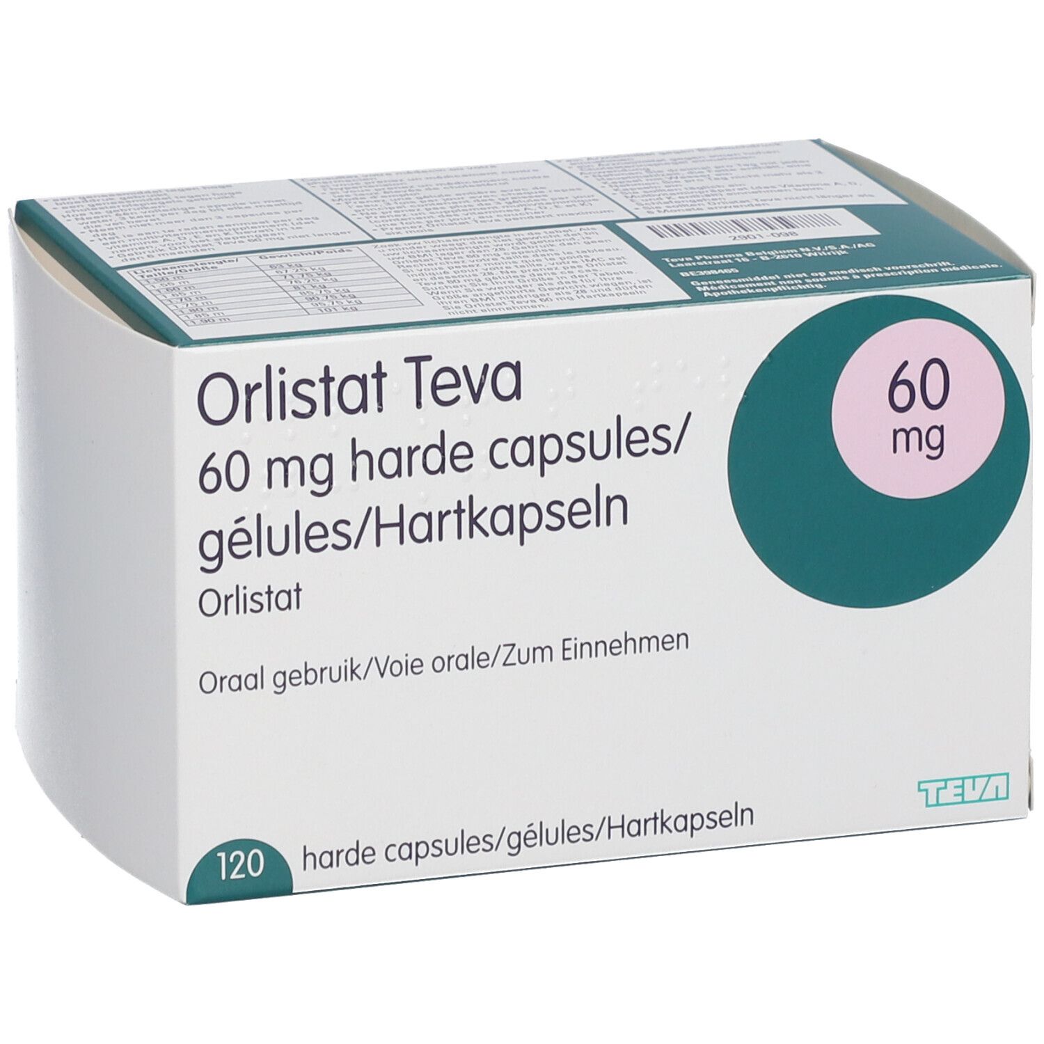 Boîte de gélules d'Orlistat Teva 60 mg. Inscription : 120 gélules. Emballage vert et blanc.