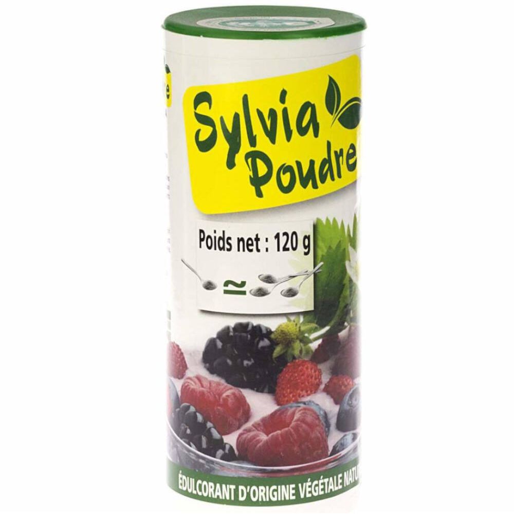 Boîte cylindrique avec couvercle vert. Inscription 'Sylvia Poudre' et 'Poids net: 120 g'. Illustration de baies.