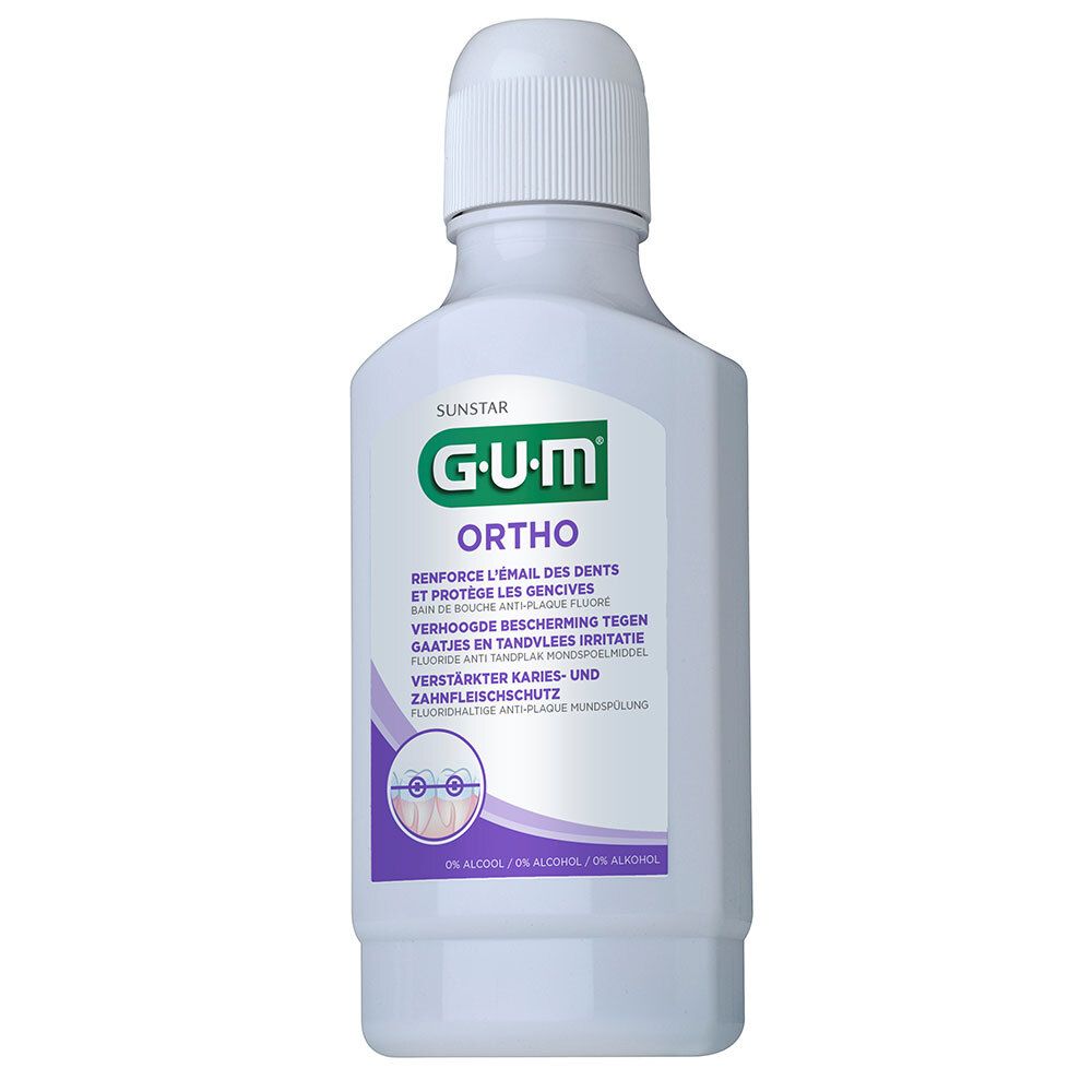 Witte fles G.U.M Ortho. Opschrift: Beschermt tanden, anti-plaque. Met schroefdop.
