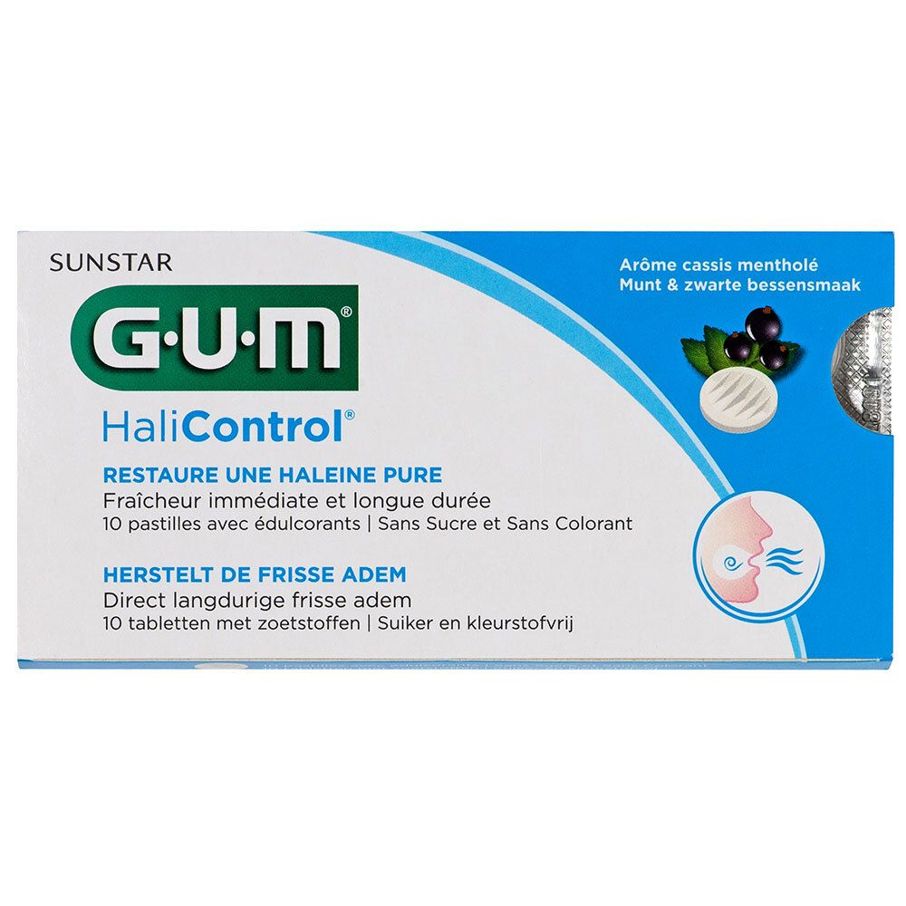 Boîte de GUM HaliControl pastilles. Boîte bleue et blanche avec nom du produit et illustrations.