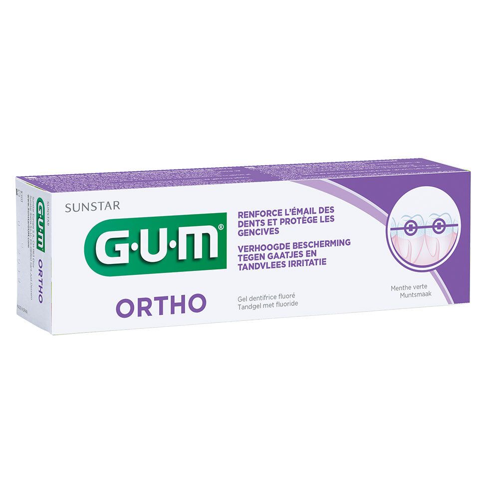 Verpakking G.U.M Ortho tandpasta gel. Wit, paars. Tekst: Sunstar, Ortho, tandpasta voor beugels.