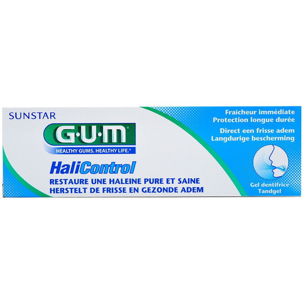Tube de gel dentaire GUM HaliControl. Tube blanc et bleu avec nom du produit et de la marque. Texte multilingue.