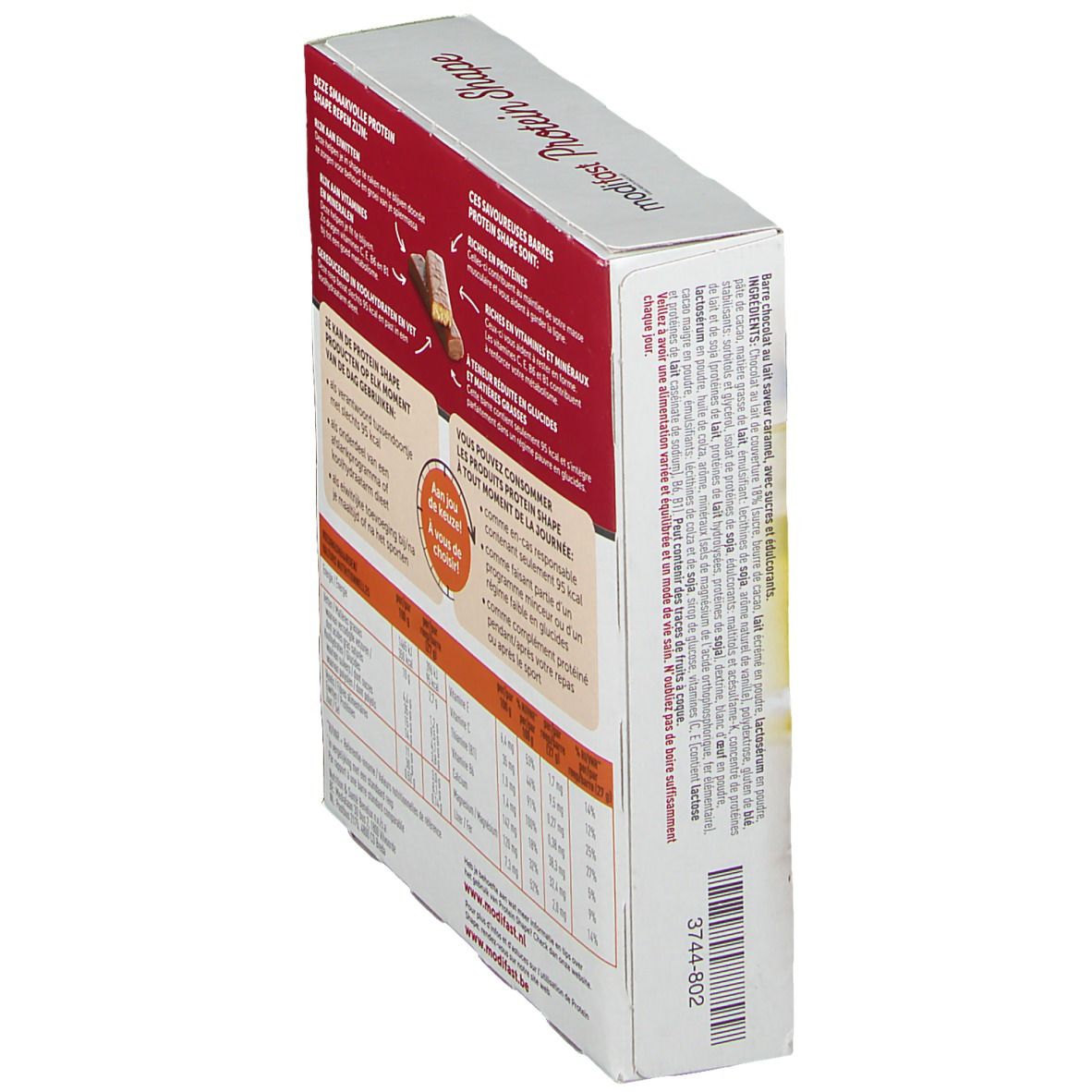 Boîte Modifast Protein Shape. Emballage rouge et blanc avec informations produit. Contient 6 barres. Inscription: Caramel Flavor.