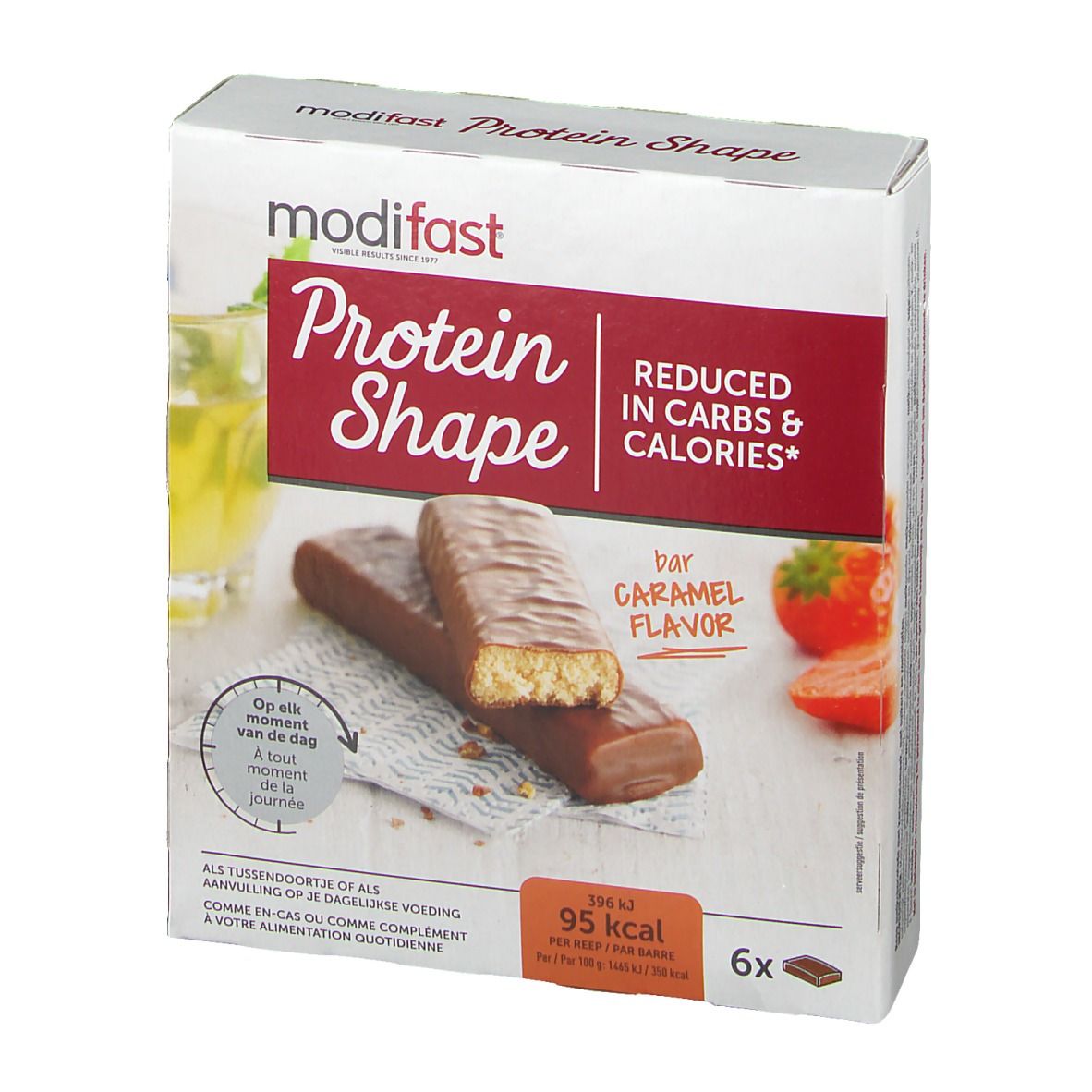 Boîte Modifast Protein Shape. Emballage rouge et blanc avec informations produit et image de barre. Contient 6 barres.