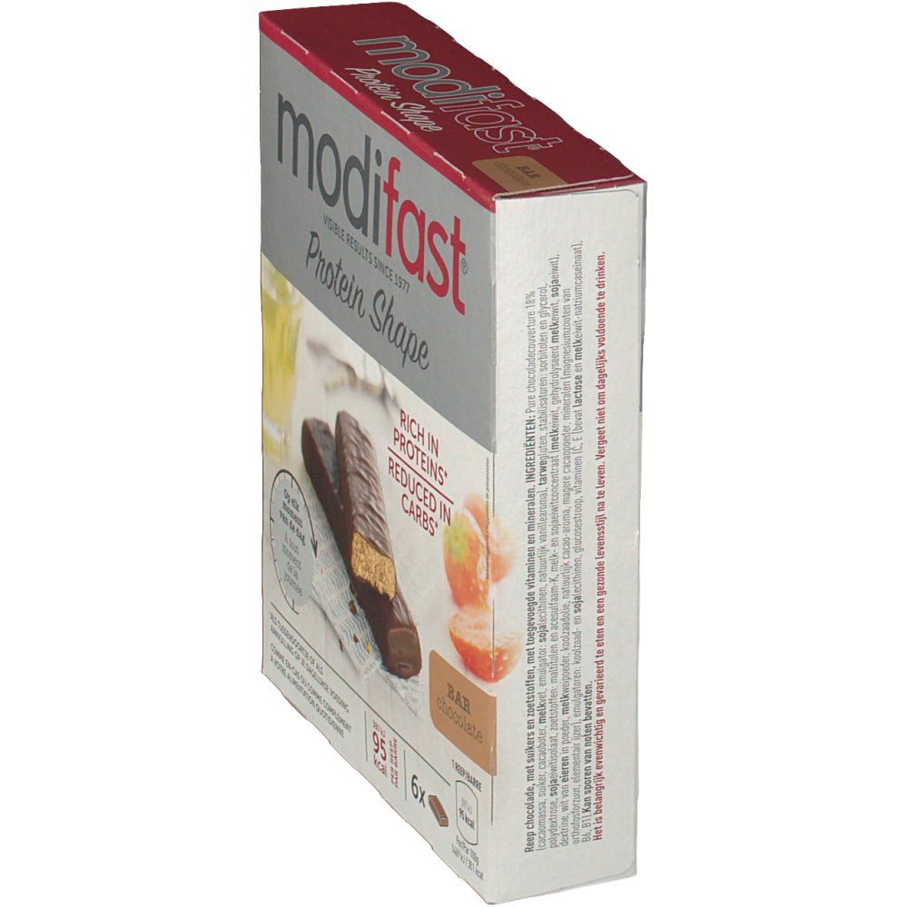 Boîte de barres Modifast Protein Shape. Inscriptions : protéines, glucides réduits, 6 barres. Illustration : barre et fruits.