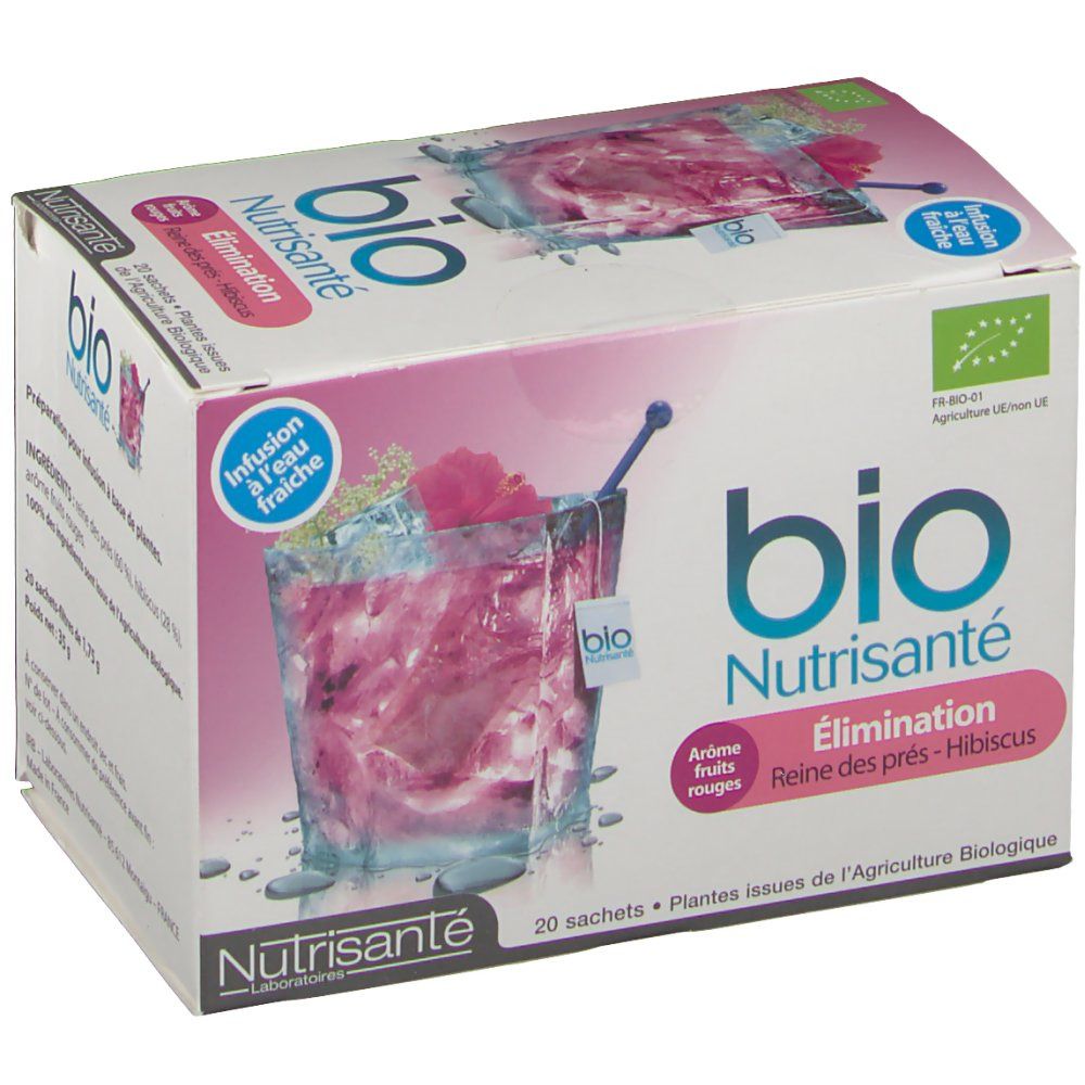 Boîte de thé Nutrisanté Bio Elimination. Illustration d'une boisson. Ingrédients et logo bio.