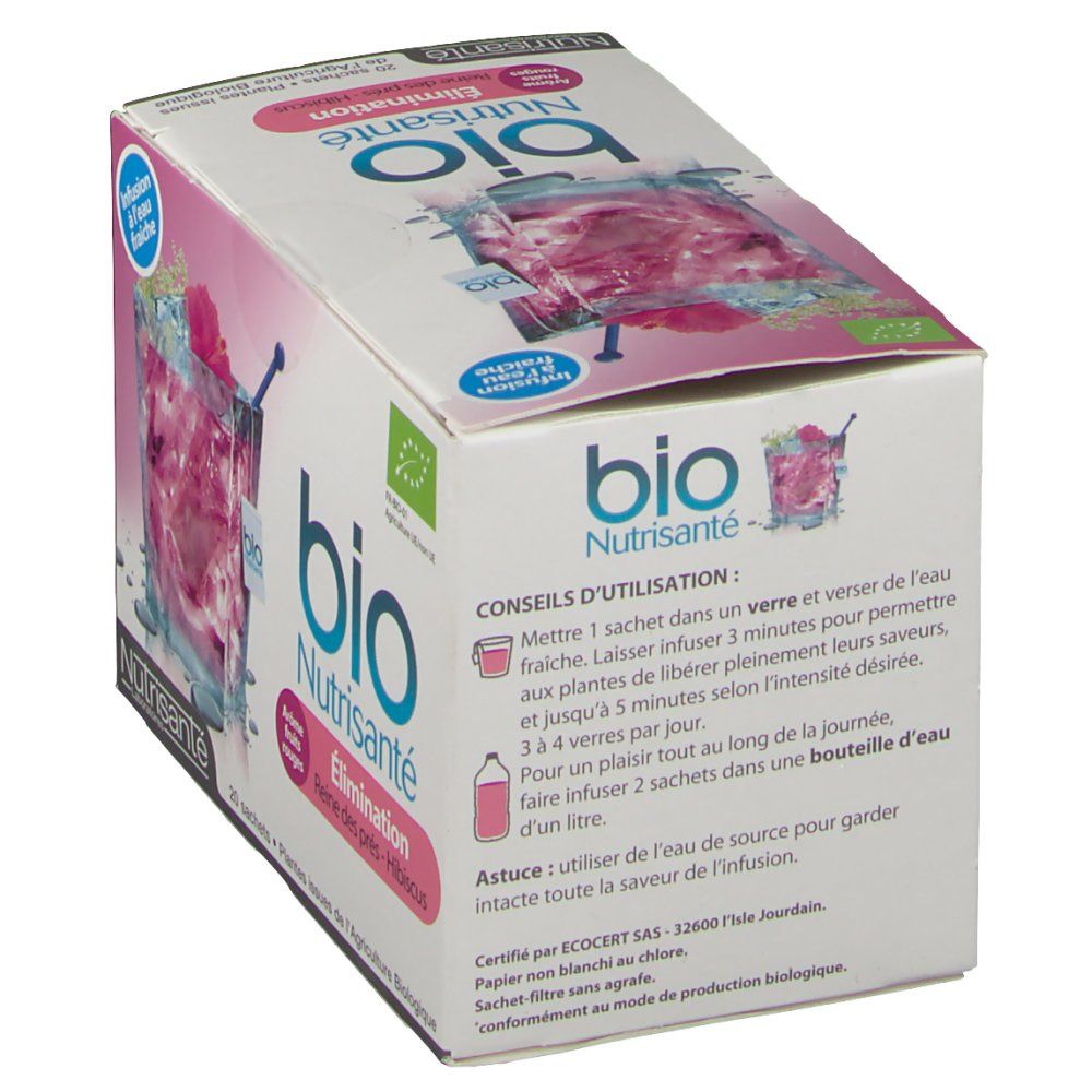 Boîte de thé Nutrisanté Bio Elimination. Instructions d'utilisation et certification.