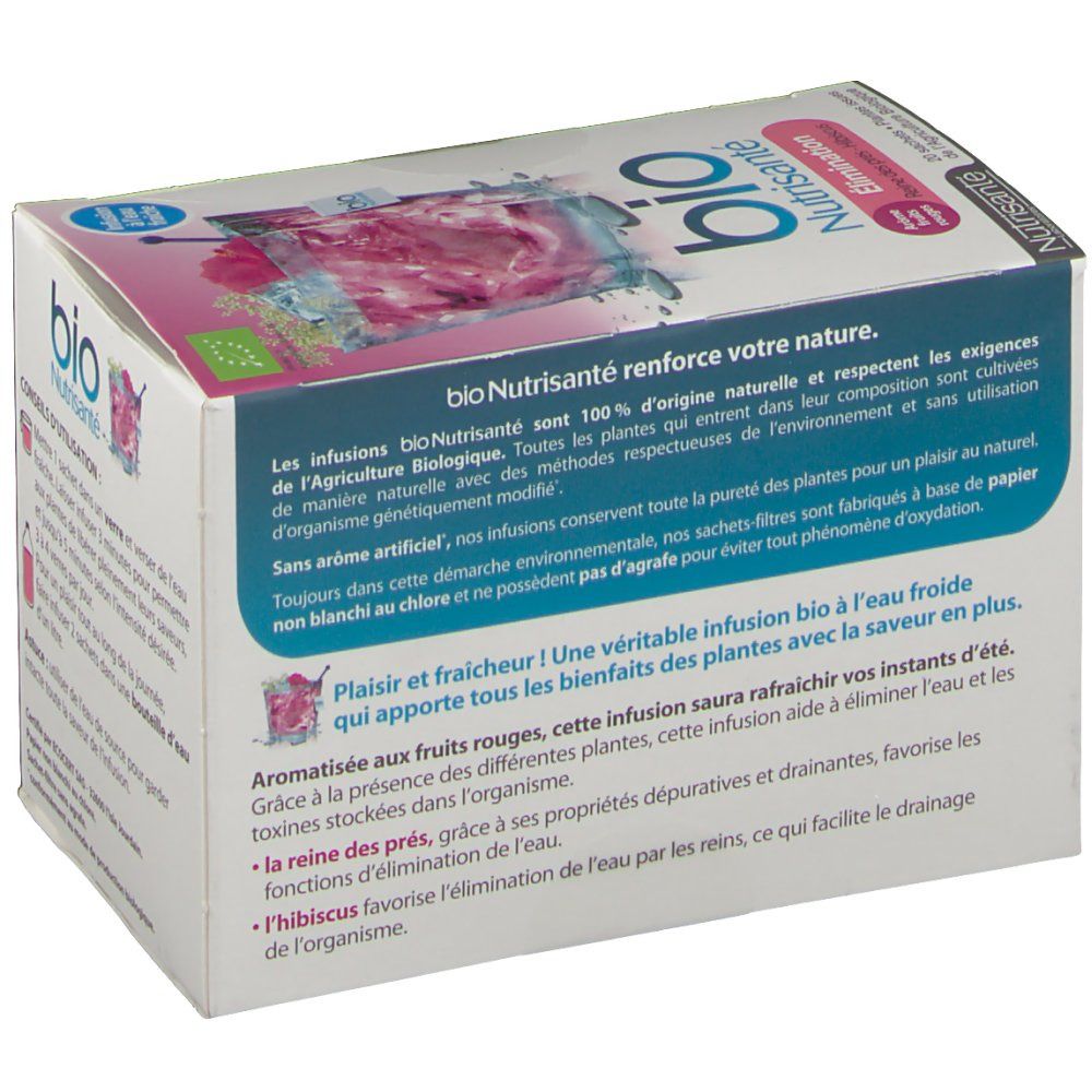 Boîte de thé Nutrisanté Bio Elimination. Texte sur les ingrédients et les bienfaits.