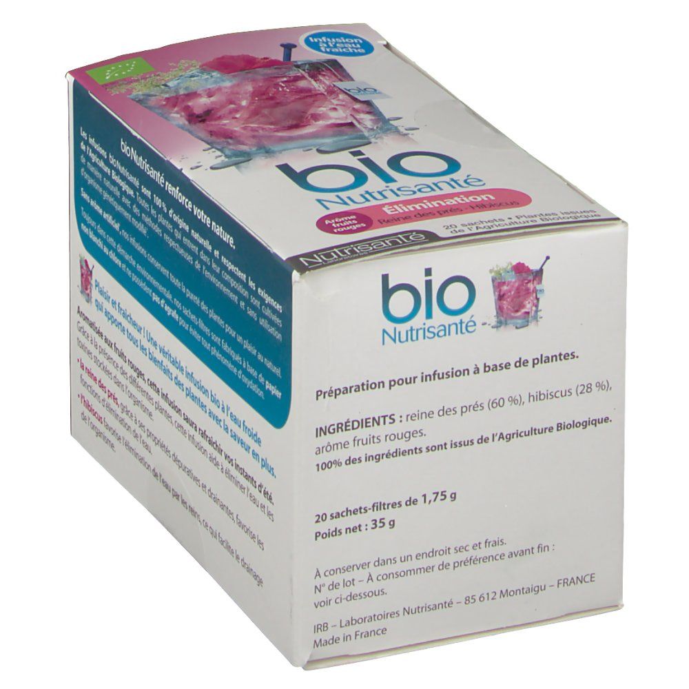 Boîte de thé Nutrisanté Bio Elimination. Liste des ingrédients et informations nutritionnelles.