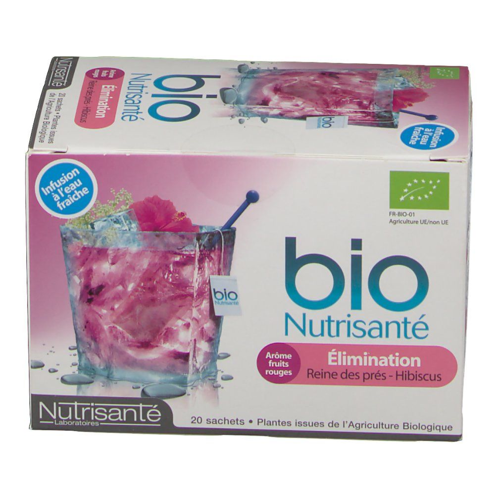 Boîte de thé Nutrisanté Bio Elimination. Illustration d'une boisson. Logo bio.