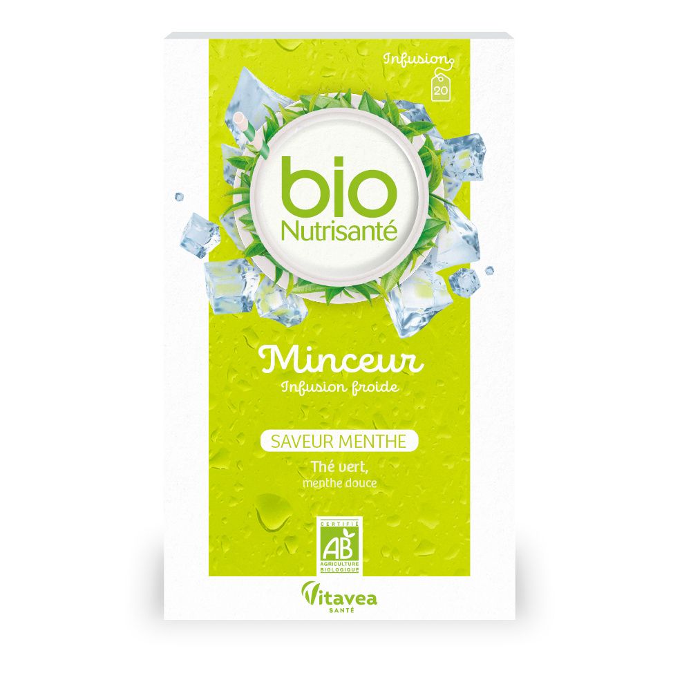 Verpackung mit Aufschrift 'bio Nutrisanté'. Grün, mit Eiswürfeln und Minzblättern. AB-Zertifizierung.