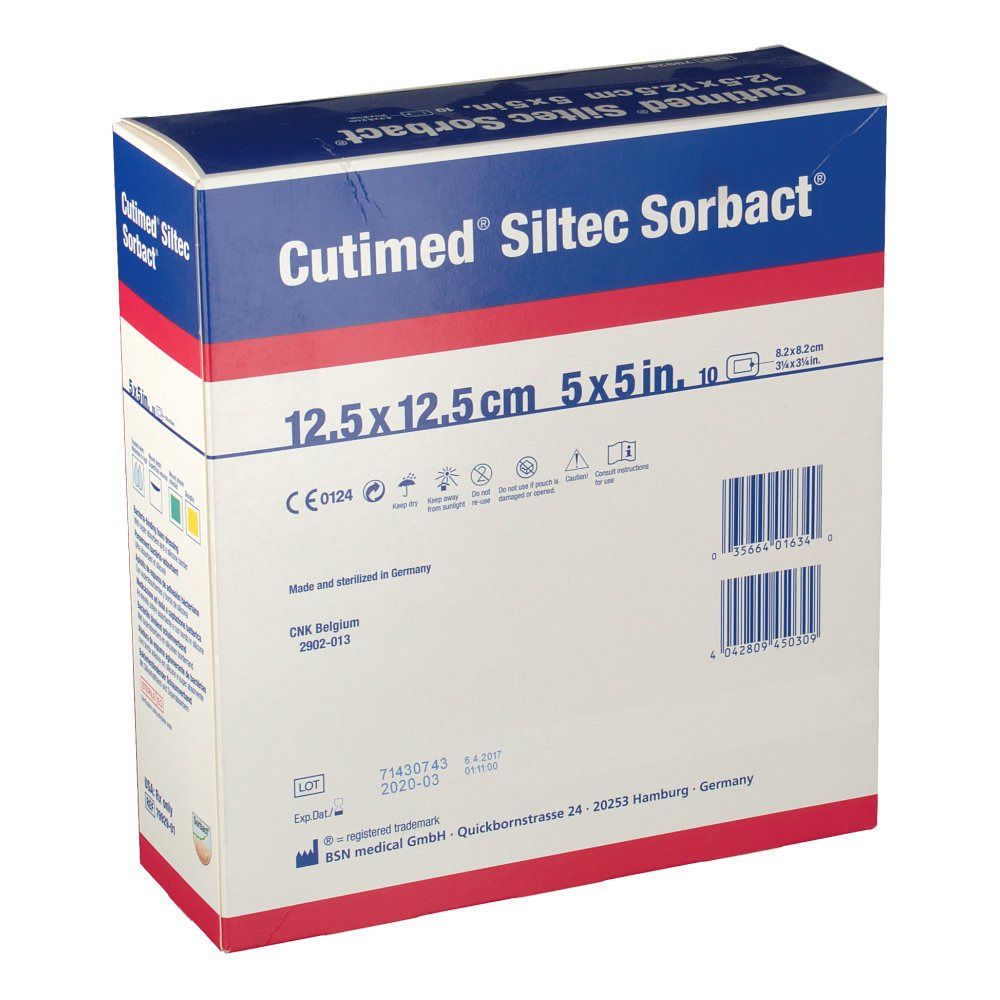 Dos de la boîte Cutimed Siltec Sorbact. Inscription: 12,5 x 12,5 cm. Code-barres, numéro de lot, informations fabricant. BSN medical.