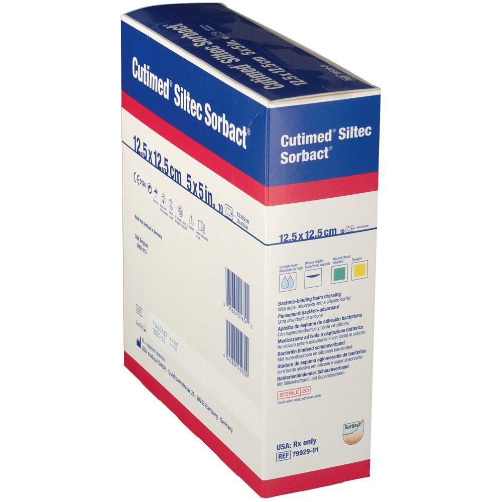 Boîte de Cutimed Siltec Sorbact en biais. Inscription: 12,5 x 12,5 cm. Informations produit et logo BSN medical.