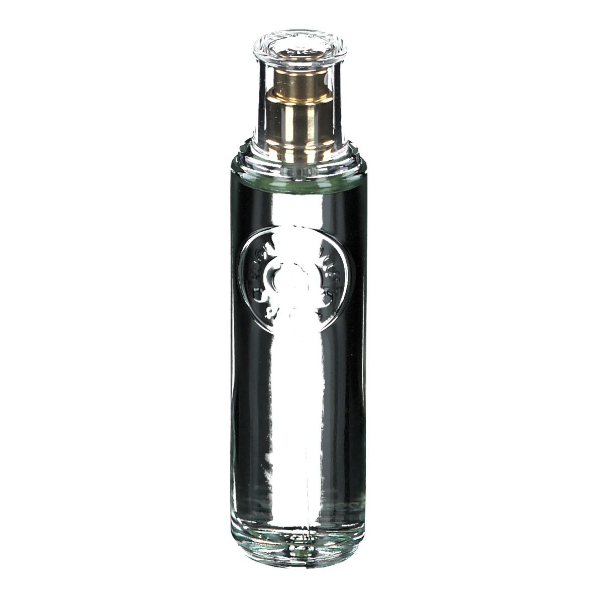 Heldere vloeistof in een glazen fles met gouden verstuiver. Reliëf logo.