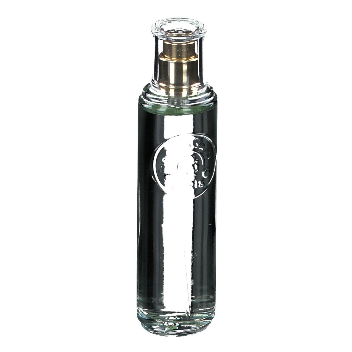 Glazen fles met heldere vloeistof en gouden verstuiver. Logo op de fles.