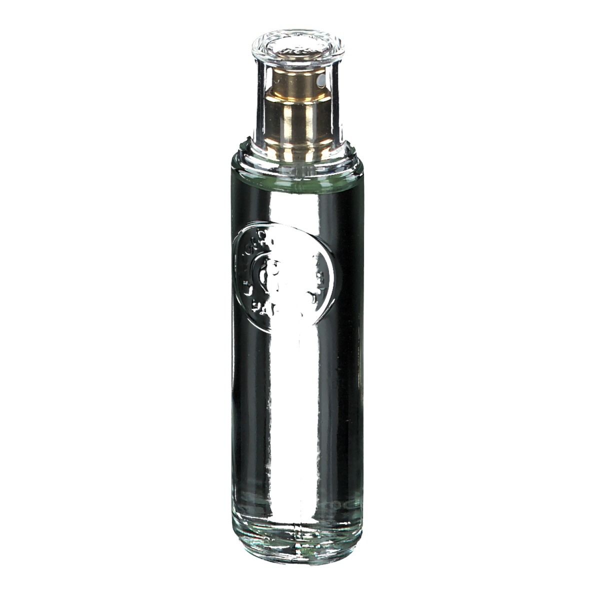 Glazen fles met heldere vloeistof en gouden verstuiver. Logo op de fles.