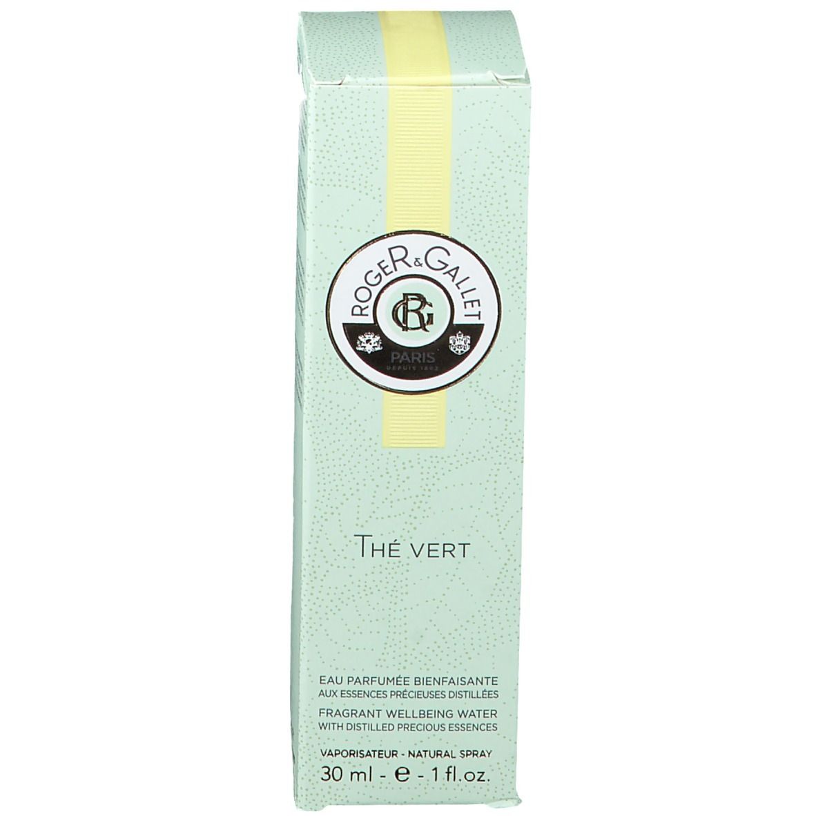 Groene verpakking met logo en tekst. Gele streep. Productnaam: Thé Vert. Volume: 30 ml.