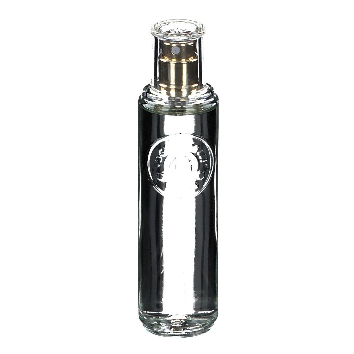Flacon en verre avec vaporisateur. Transparent, avec tête de pulvérisation dorée. Logo sur l'étiquette.