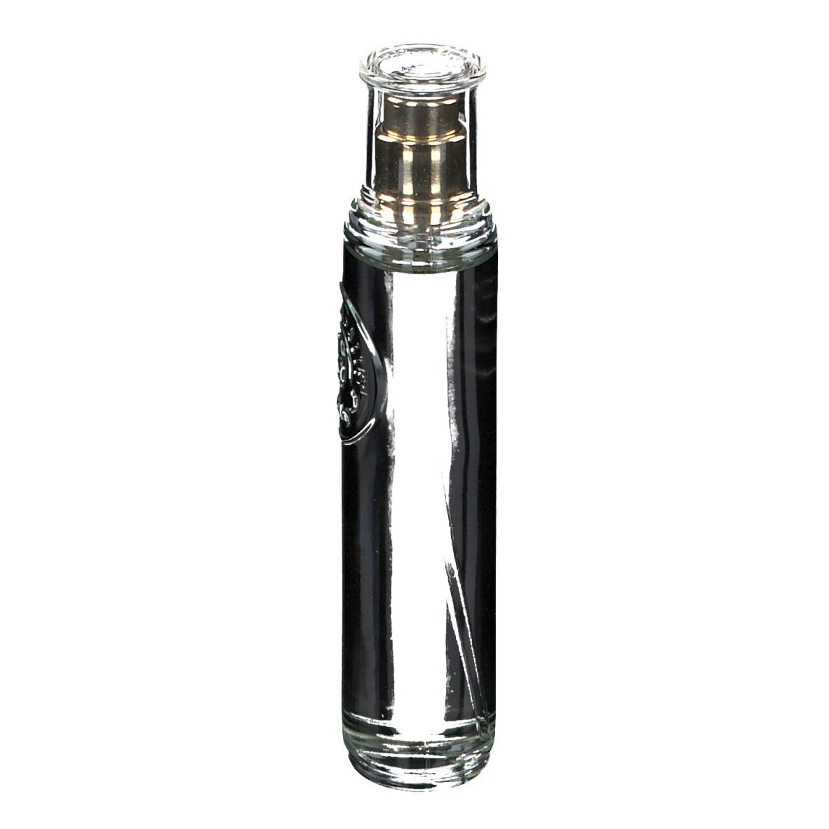 Flacon en verre avec vaporisateur. Transparent, avec tête de pulvérisation dorée. Logo sur l'étiquette.