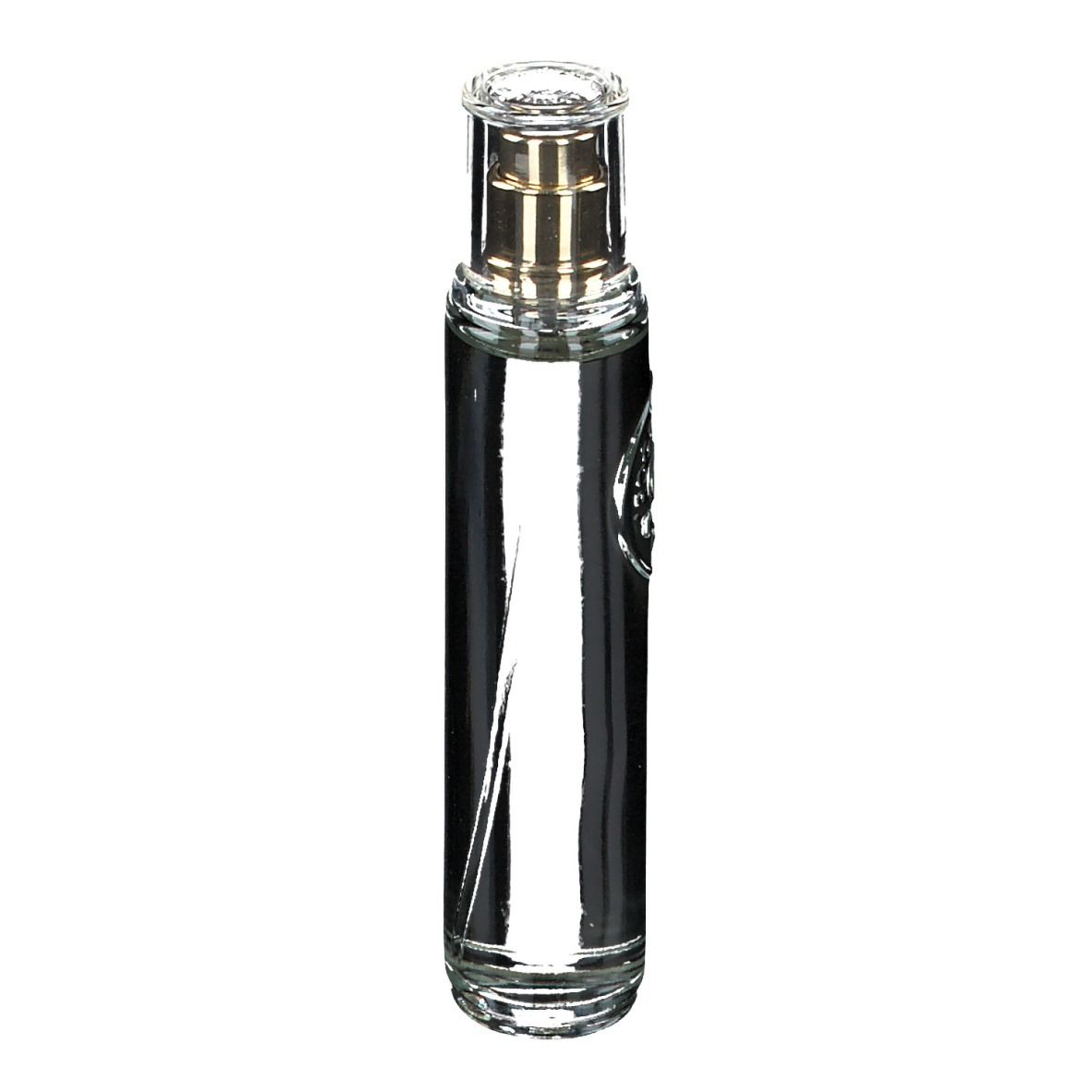Flacon en verre avec vaporisateur. Transparent, avec tête de pulvérisation dorée. Logo sur l'étiquette.