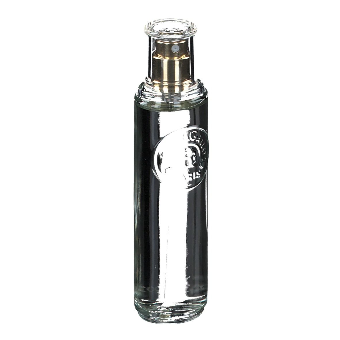Flacon en verre avec vaporisateur. Transparent, avec tête de pulvérisation dorée. Logo sur l'étiquette.