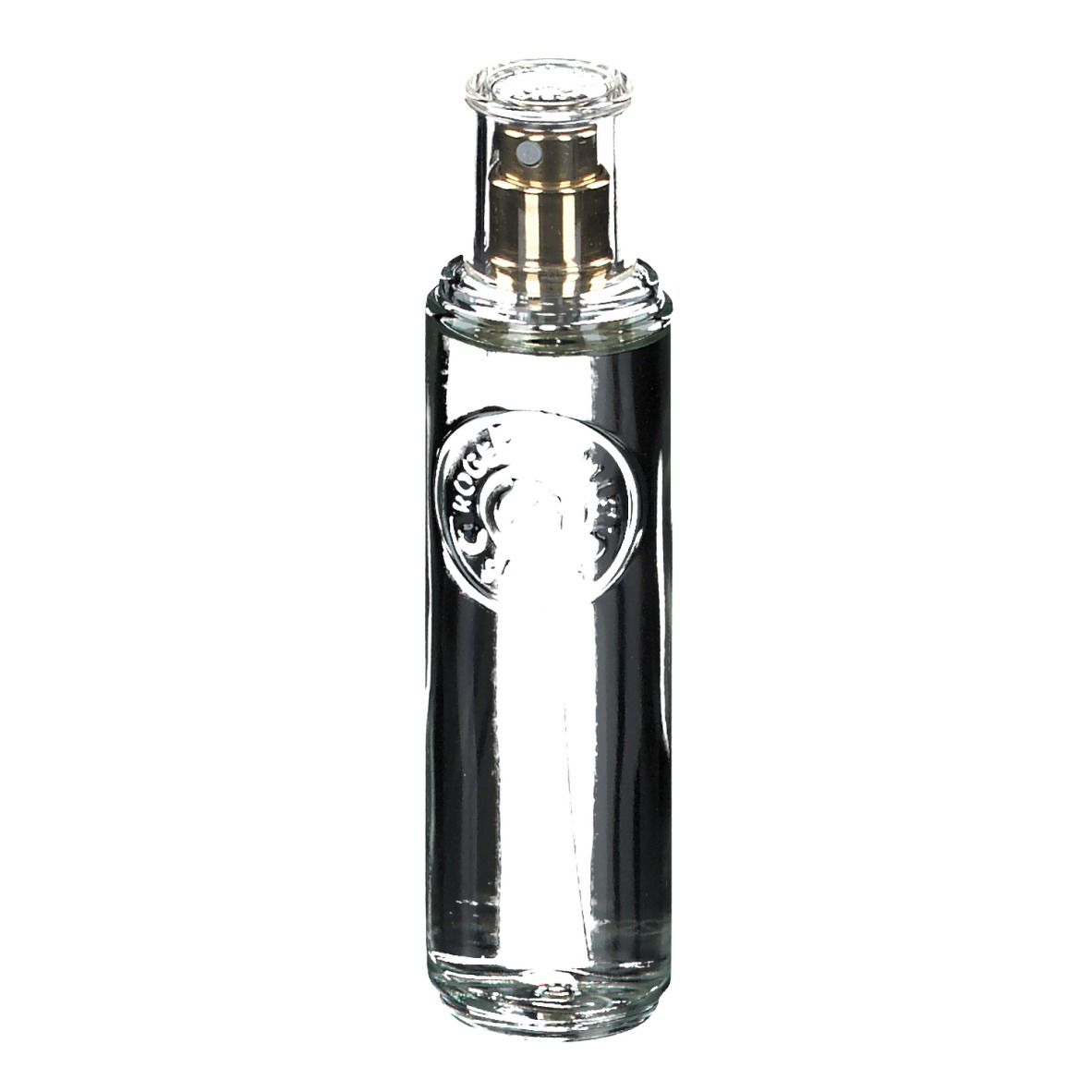 Flacon en verre avec vaporisateur. Transparent, avec tête de pulvérisation dorée. Logo sur l'étiquette.