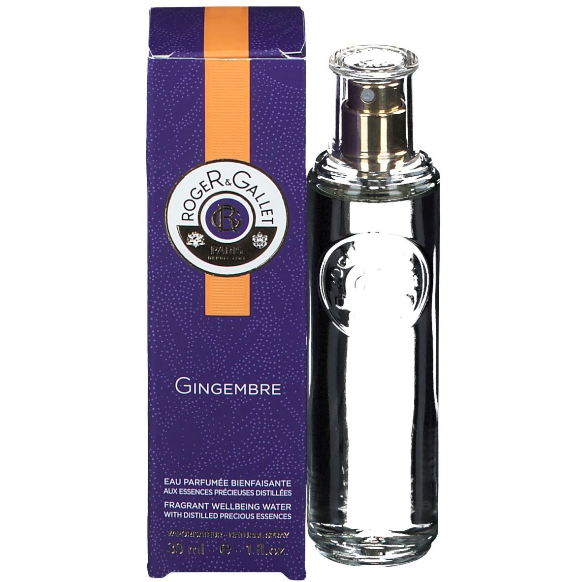 Flacon en verre avec vaporisateur et emballage. Flacon et emballage avec logo et nom du produit.