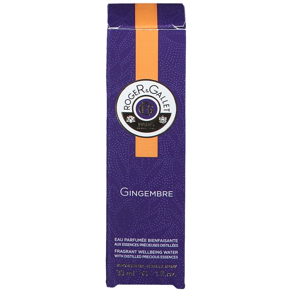 Emballage. Rectangulaire, violet avec une bande orange. Logo et nom du produit.