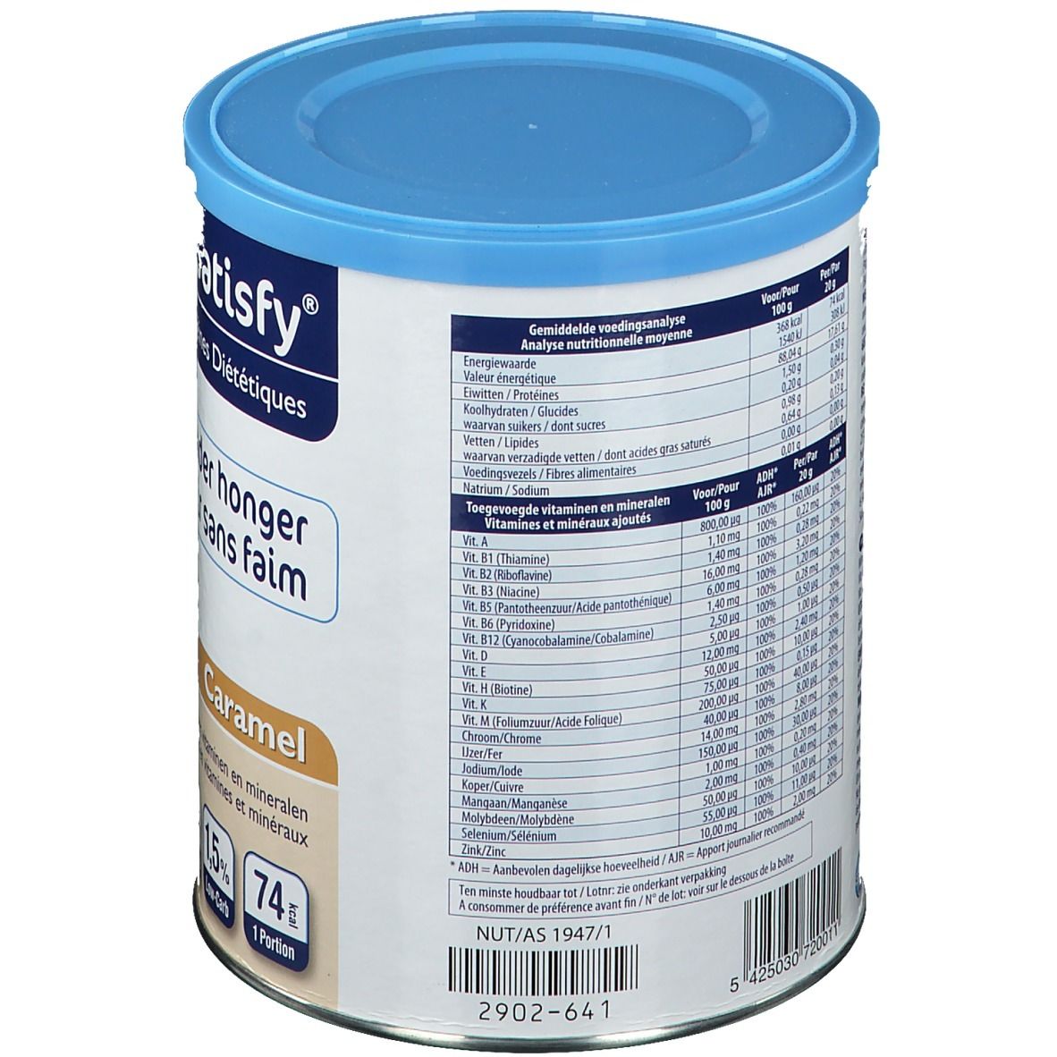 Dos de la boîte Crave & Satisfy Protéines Diététiques Caramel. Tableau nutritionnel et liste des ingrédients. Boîte bleue.