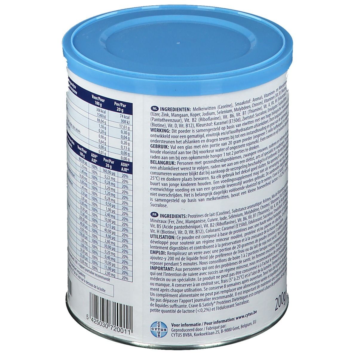 Dos de la boîte Crave & Satisfy Protéines Diététiques Caramel. Liste des ingrédients et mode d'emploi. Boîte bleue.