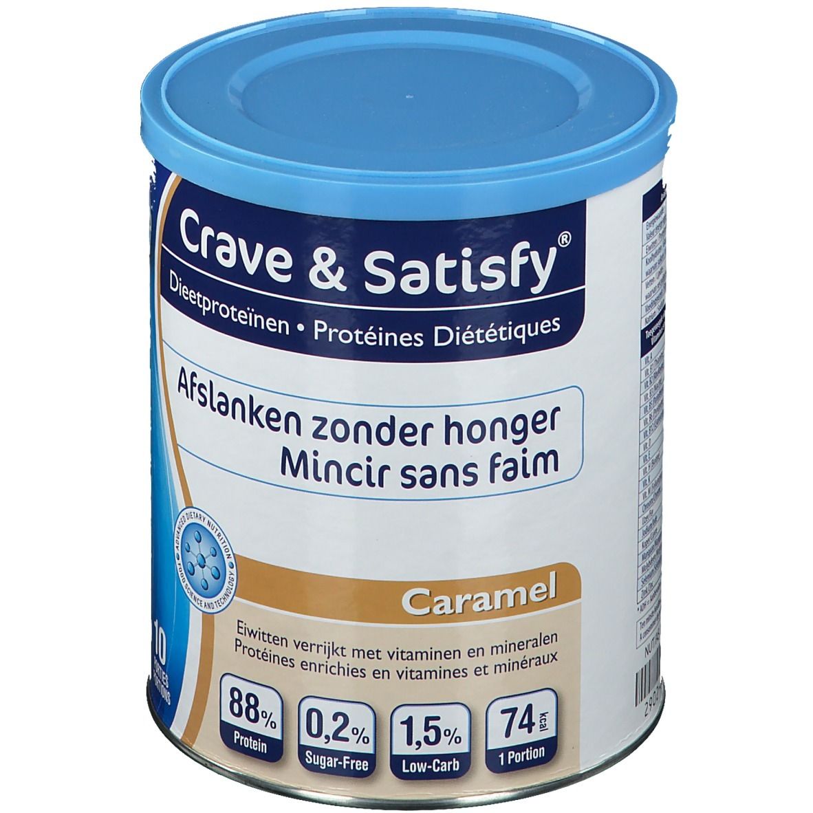 Boîte Crave & Satisfy Protéines Diététiques Caramel. Boîte bleue avec couvercle. Inscription: Afslanken zonder honger, Mincir sans faim.