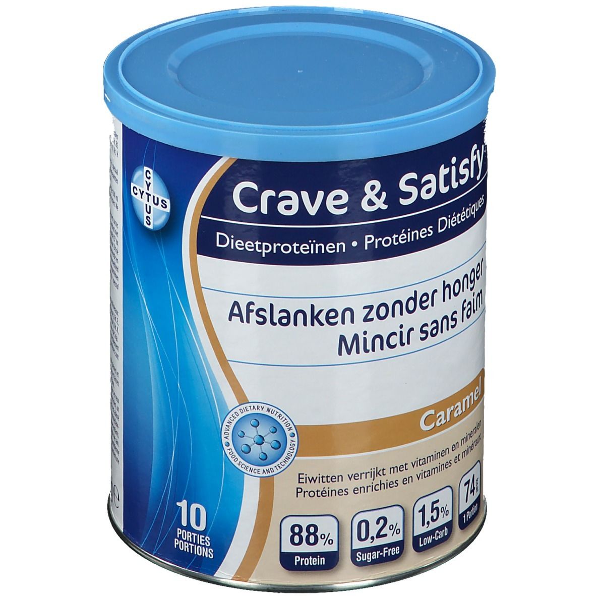 Boîte Crave & Satisfy Protéines Diététiques Caramel. Boîte bleue avec couvercle. Inscription: Afslanken zonder honger, Mincir sans faim.