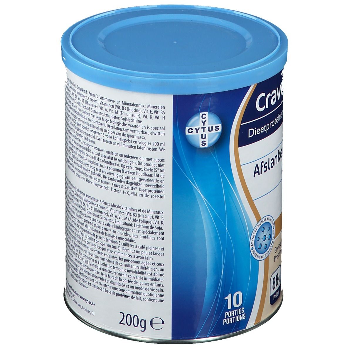 Dos de la boîte Crave & Satisfy Protéines Diététiques Caramel. Liste des ingrédients et mode d'emploi. Boîte bleue.