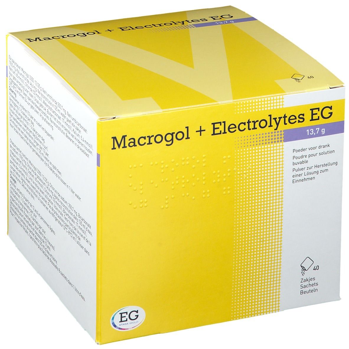 Boîte jaune avec inscription Macrogol + Electrolytes EG 13,7 g. Logo EG. 40 sachets. Texte en allemand, français, néerlandais.