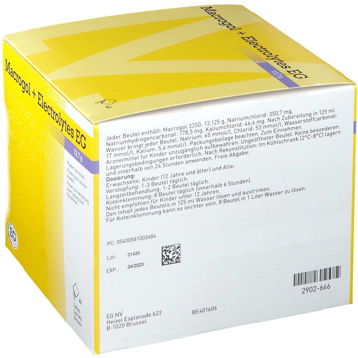 Boîte jaune avec texte et informations sur le contenu. Inscription Macrogol + Electrolytes EG 13,7 g. Logo EG. Code QR et numéro de lot.
