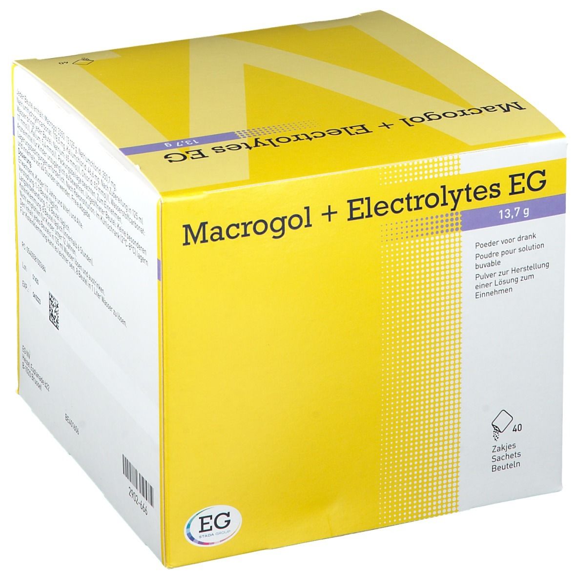 Boîte jaune avec inscription Macrogol + Electrolytes EG 13,7 g. Logo EG. 40 sachets. Texte en allemand, français, néerlandais.