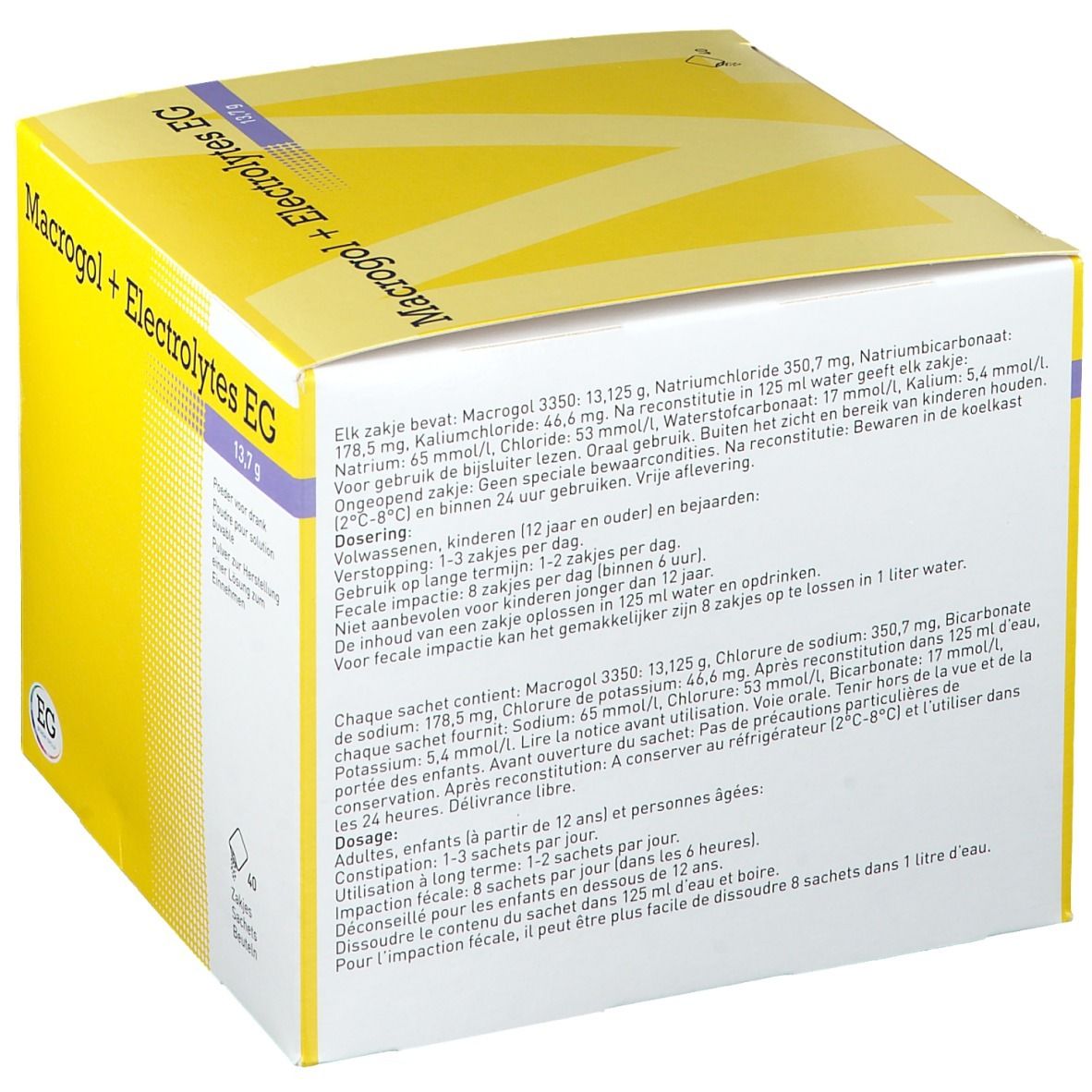 Boîte jaune avec texte et informations sur le contenu. Inscription Macrogol + Electrolytes EG 13,7 g. Logo EG. Texte en allemand, français, néerlandais.