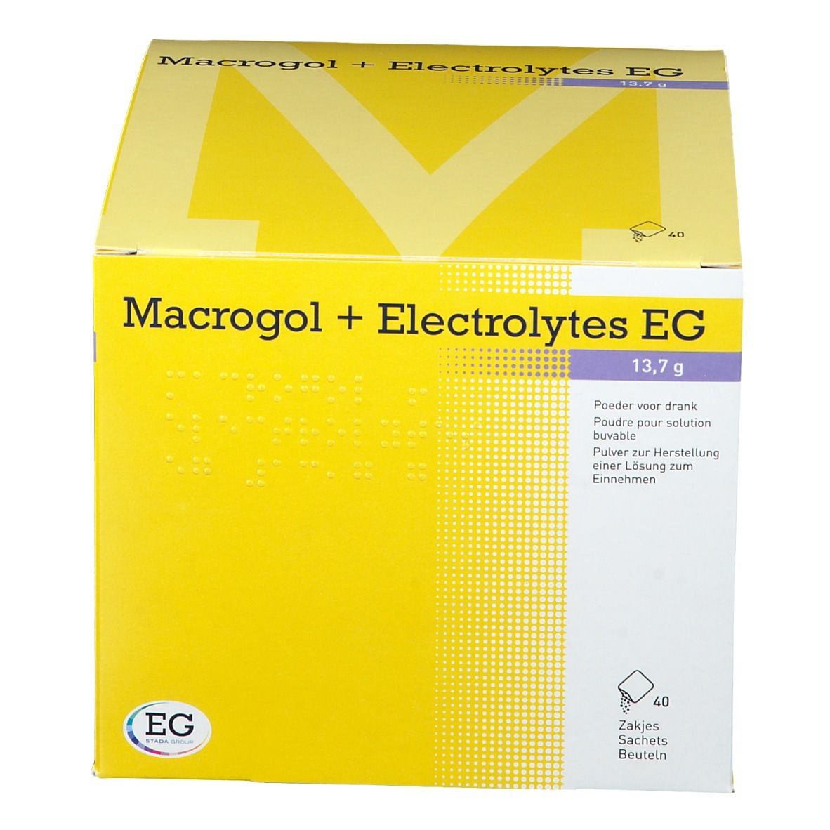 Boîte jaune avec inscription Macrogol + Electrolytes EG 13,7 g. Logo EG. 40 sachets. Texte en allemand, français, néerlandais.