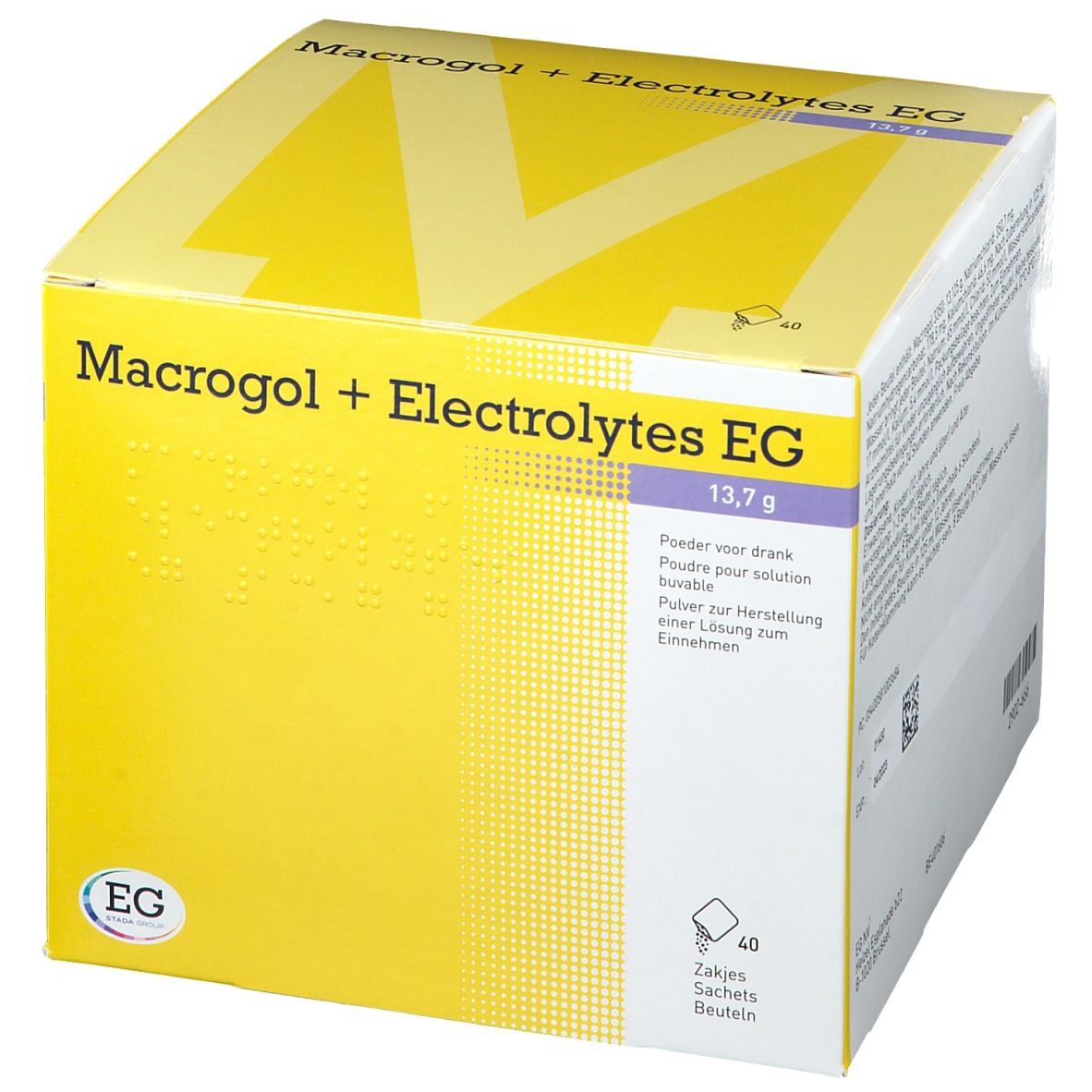Boîte jaune avec inscription Macrogol + Electrolytes EG 13,7 g. Logo EG. 40 sachets. Texte en allemand, français, néerlandais.