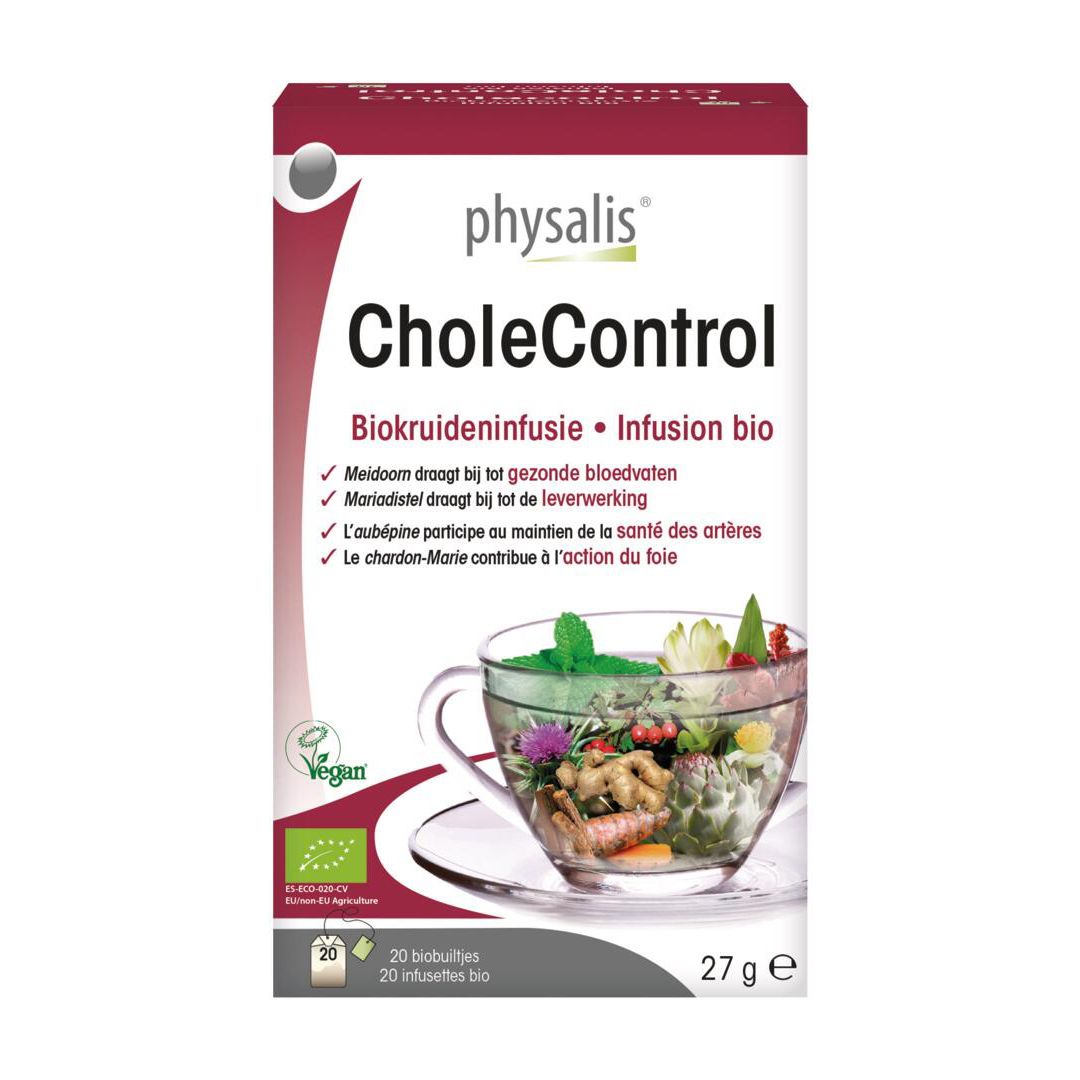 Boîte de Physalis CholeControl Infusion bio. 20 sachets. Label Vegan. Image d'une tasse avec des herbes.