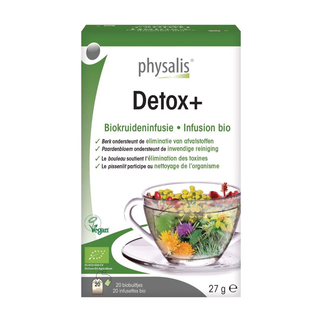 Boîte de physalis® Detox+ Infusion Bio. 20 sachets, 27 g. Label Vegan. Image d'une tasse avec des herbes.