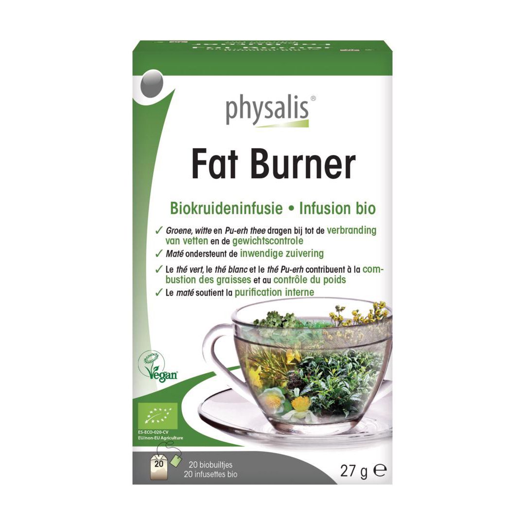 Doosje physalis® Fat Burner. Opschrift: Infusion bio. 20 zakjes, 27 g. Afbeelding van een kopje thee.